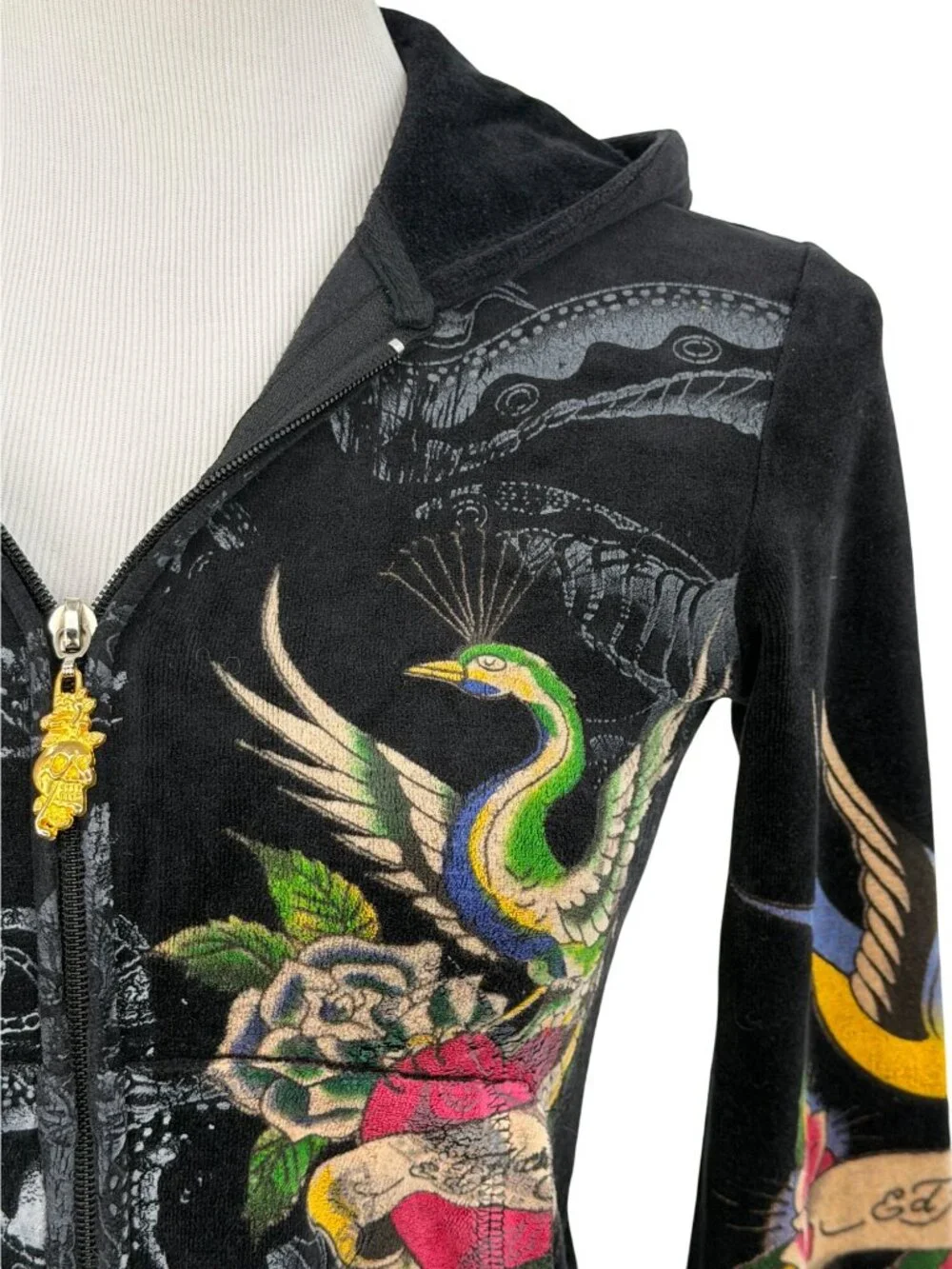 VTG Ed Hardy Black Velour Zip Up Tattoo Hoodie | McBling Indie Sleaze Trashy Y2K - Picture 3 of 16
